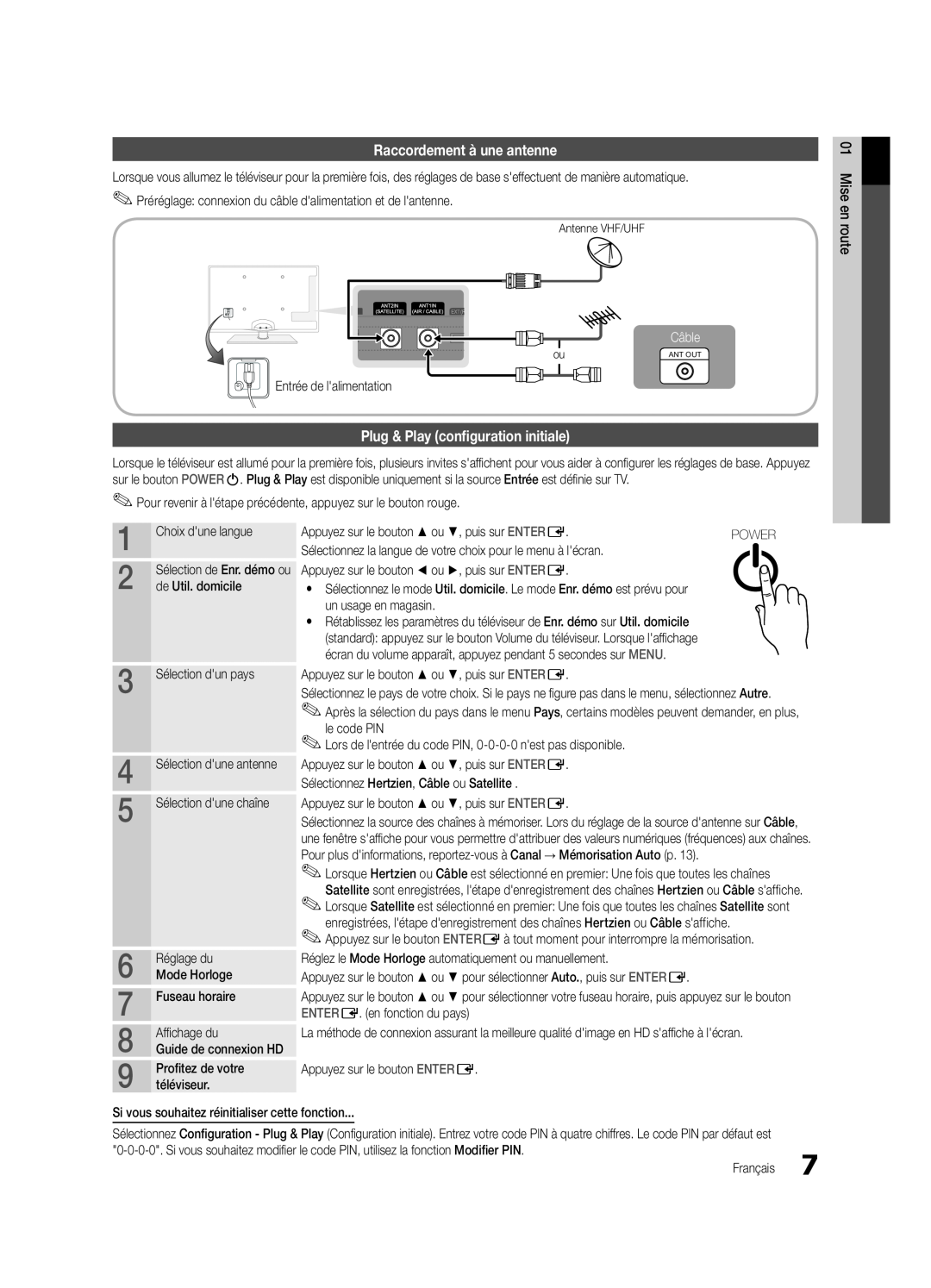 Samsung UE32C5700QSXZG manual Raccordement à une antenne, Plug & Play configuration initiale, Câble, Choix dune langue 