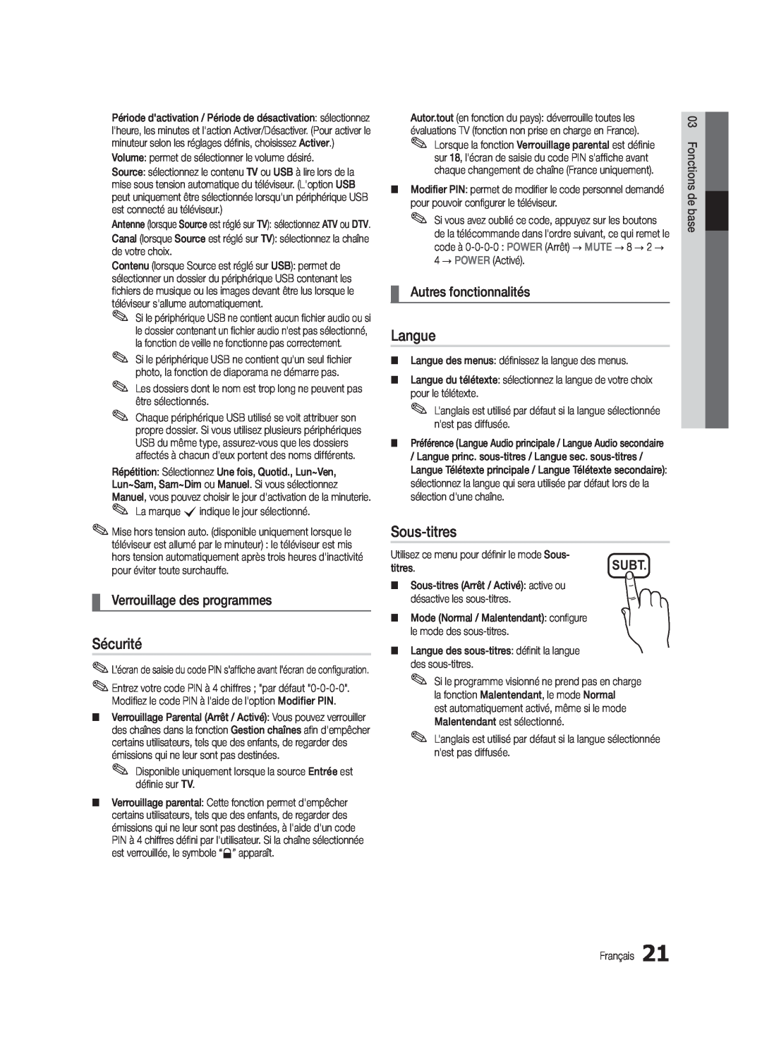 Samsung UE37C5700QSXZG manual Sécurité, Langue, Sous-titres, Verrouillage des programmes, Autres fonctionnalités, Subt 
