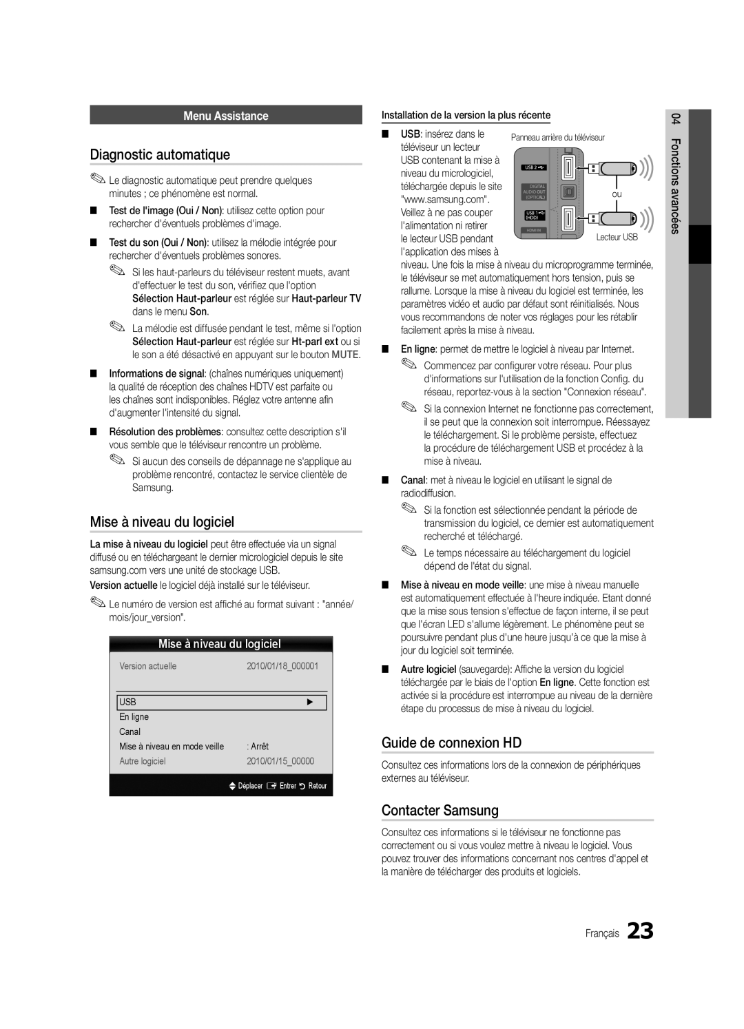 Samsung UE40C5700QSXZG manual Diagnostic automatique, Mise à niveau du logiciel, Guide de connexion HD, Contacter Samsung 
