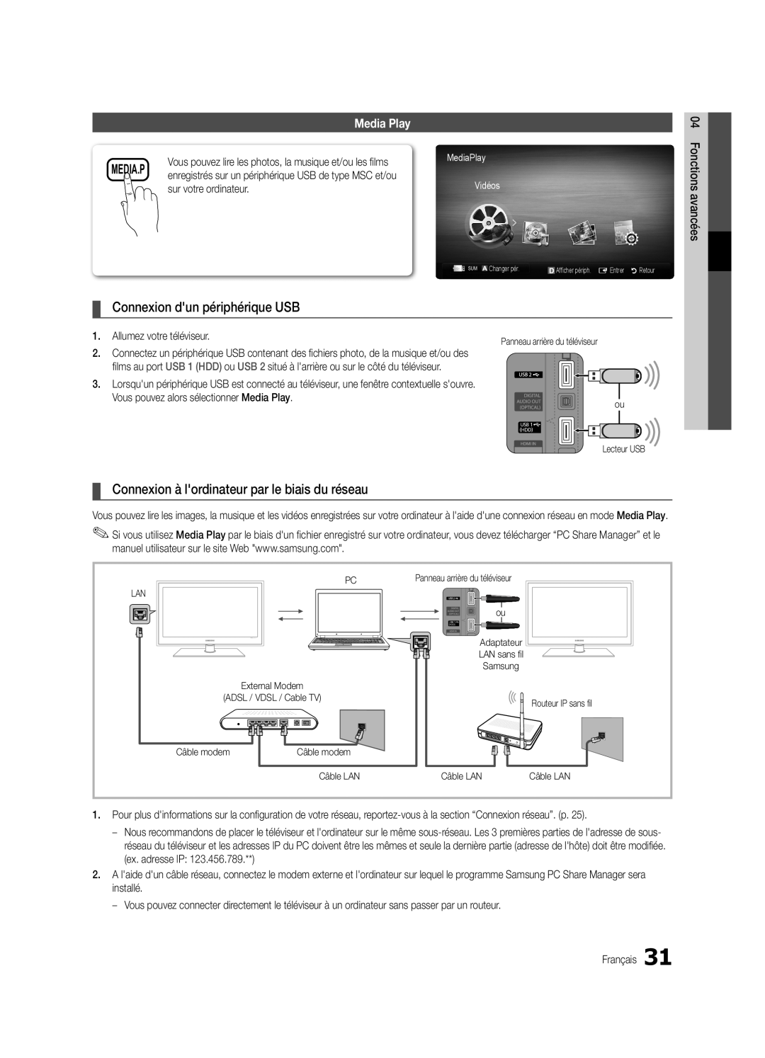 Samsung UE37C5700QSXZG manual Connexion dun périphérique USB, Connexion à lordinateur par le biais du réseau, Media.P 