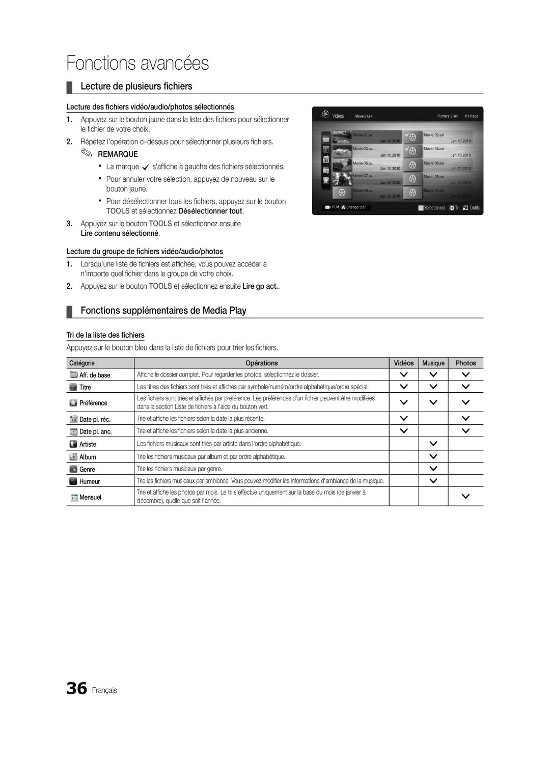 Samsung UE37C5700QSXZG manual Lecture de plusieurs fichiers, Fonctions supplémentaires de Media Play, Fonctions avancées 