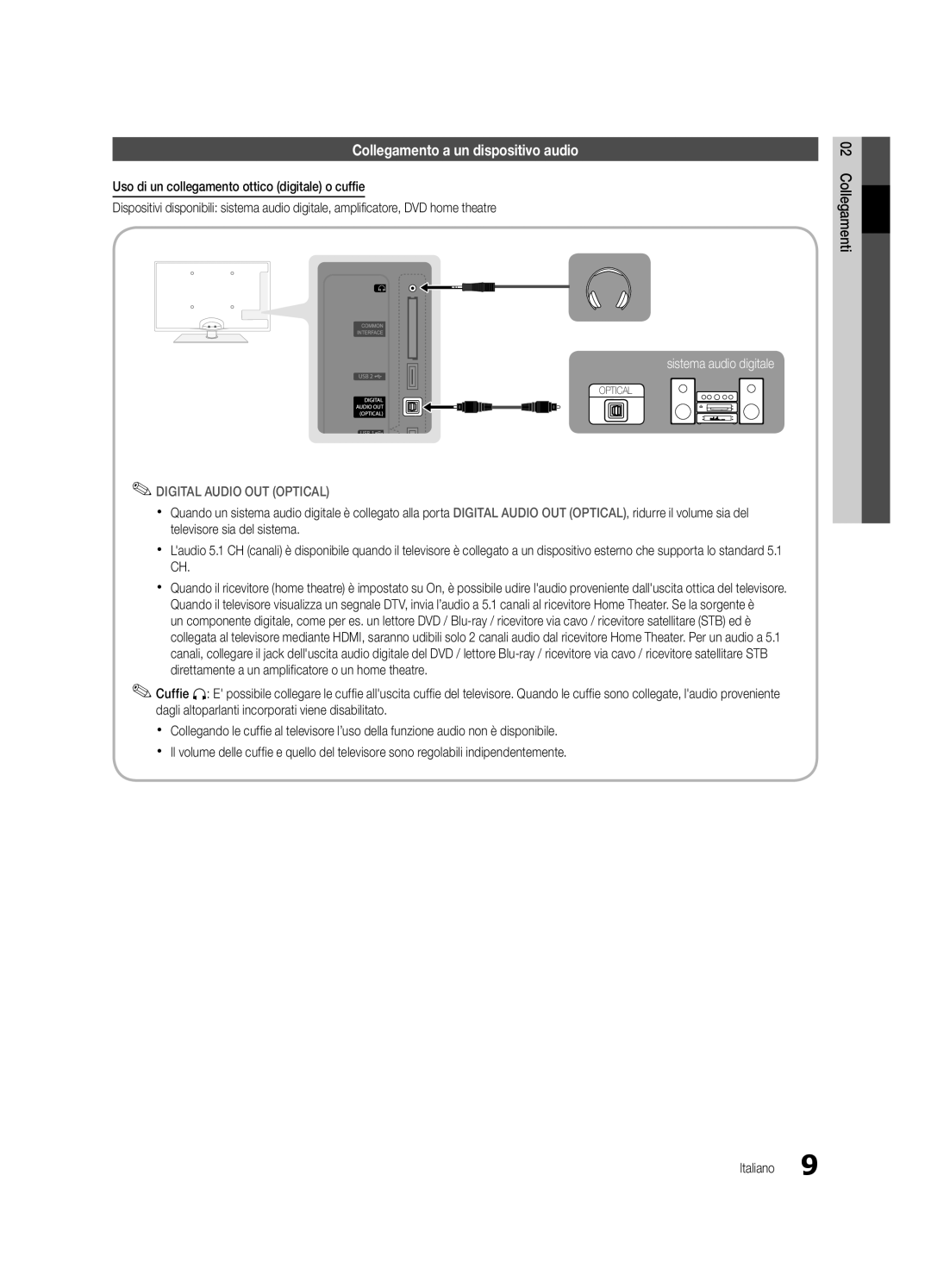 Samsung UE37C5700QSXZG manual Collegamento a un dispositivo audio, sistema audio digitale, Digital Audio Out Optical 