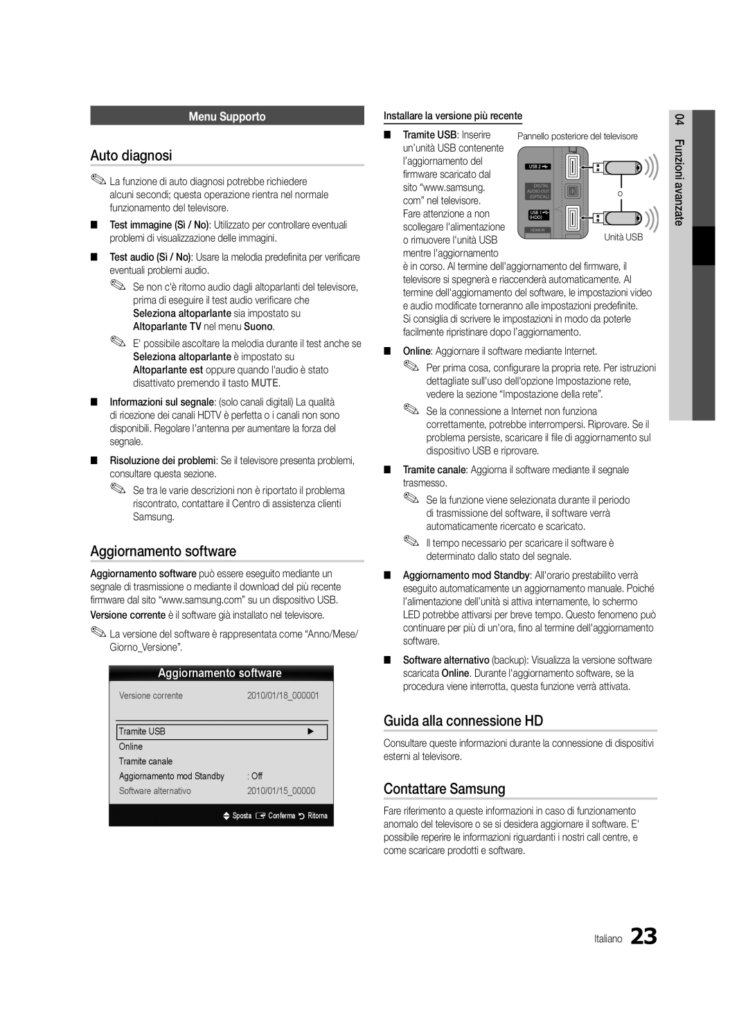 Samsung UE46C5800QKXXU Auto diagnosi, Aggiornamento software, Guida alla connessione HD, Contattare Samsung, Menu Supporto 
