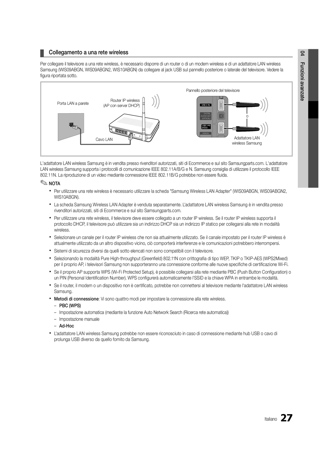 Samsung UE46C5700QSXZG, UE37C5700QSXZG manual Collegamento a una rete wireless, Cavo LAN, Adattatore LAN, wireless Samsung 