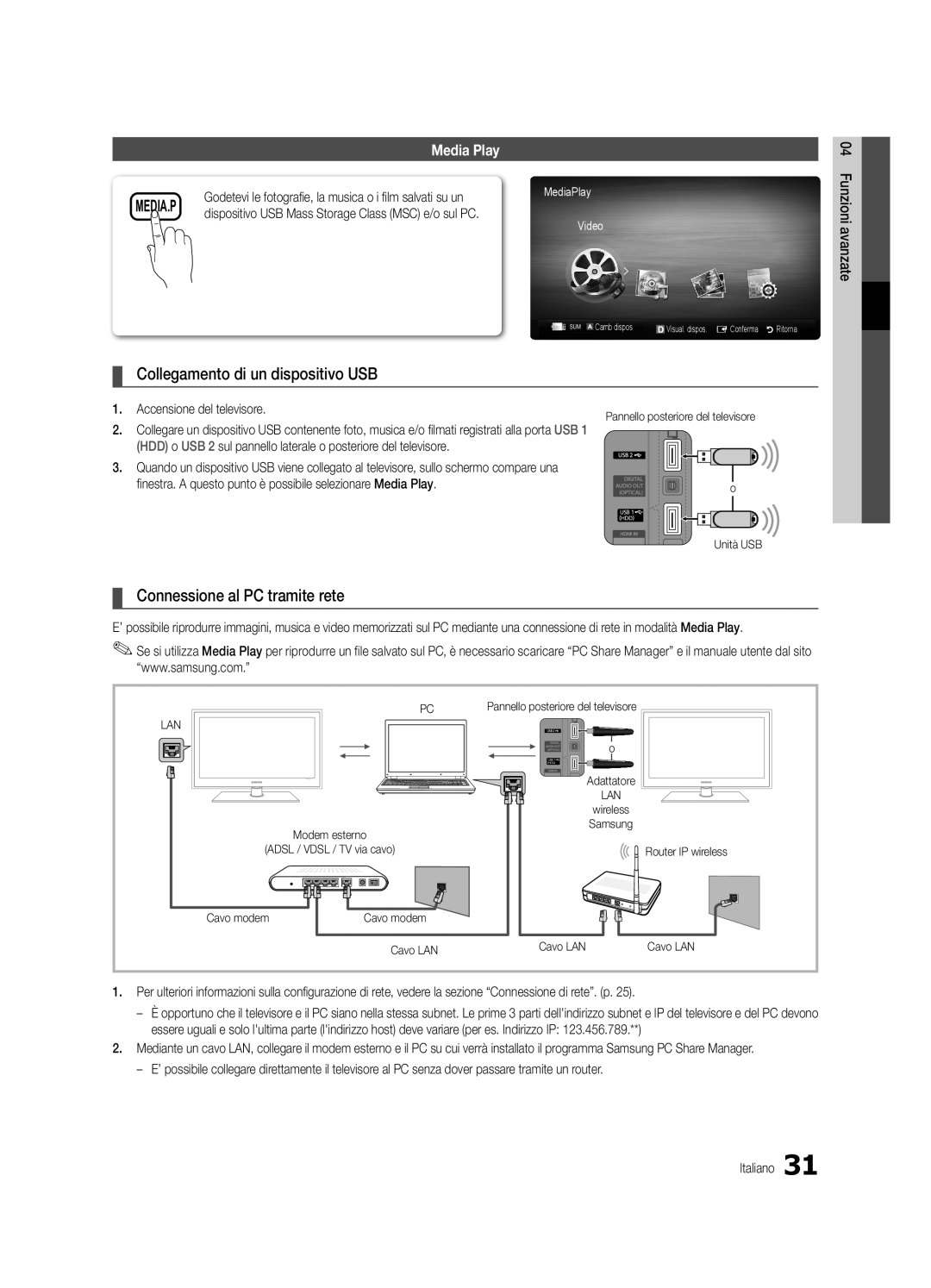Samsung UE40C5700QSXZG manual Collegamento di un dispositivo USB, Connessione al PC tramite rete, Media.P, MediaPlay Video 