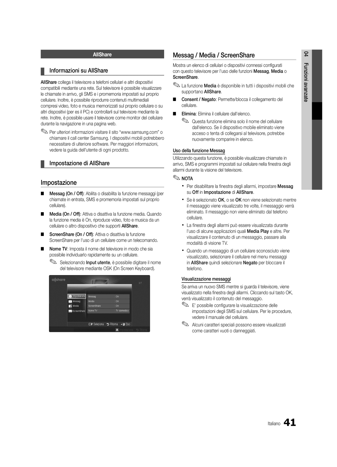 Samsung UE40C5700QSXZG manual Messag / Media / ScreenShare, Informazioni su AllShare, Impostazione di AllShare 