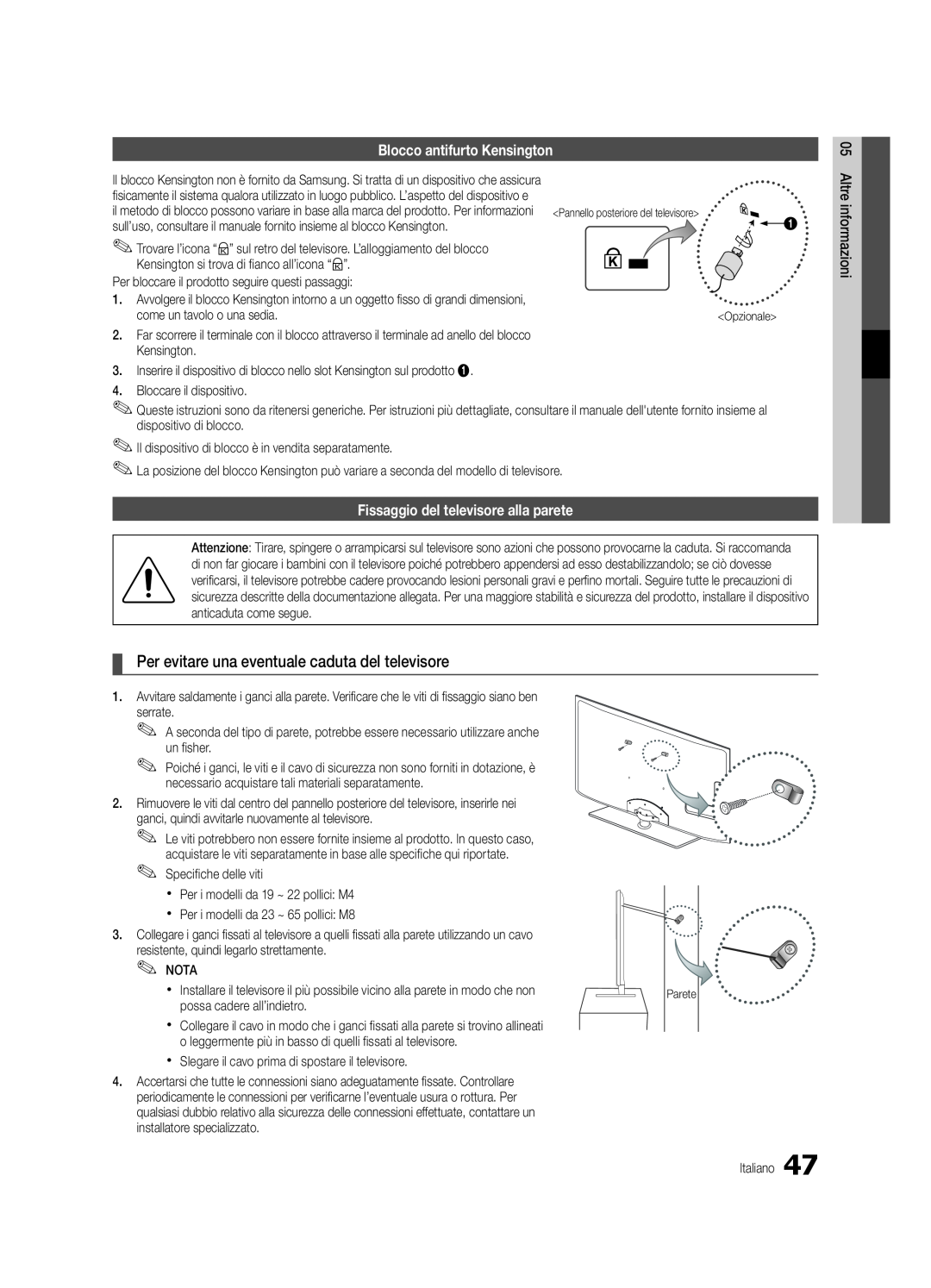 Samsung UE46C5700QSXZG, UE37C5700QSXZG manual Per evitare una eventuale caduta del televisore, Blocco antifurto Kensington 