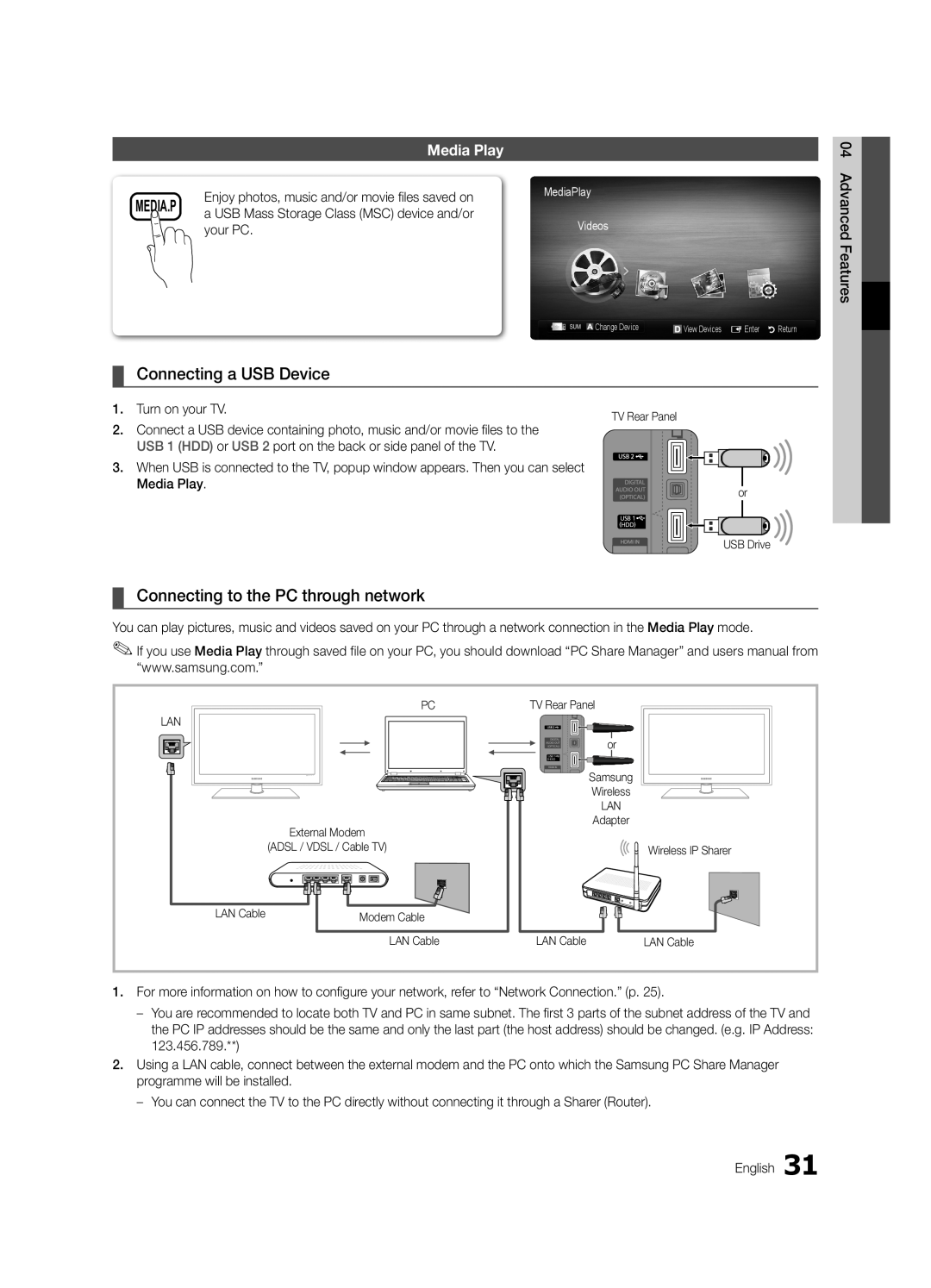 Samsung UE32C5700QSXZG, UE37C5700QSXZG Connecting a USB Device, Connecting to the PC through network, Media.P, Media Play 