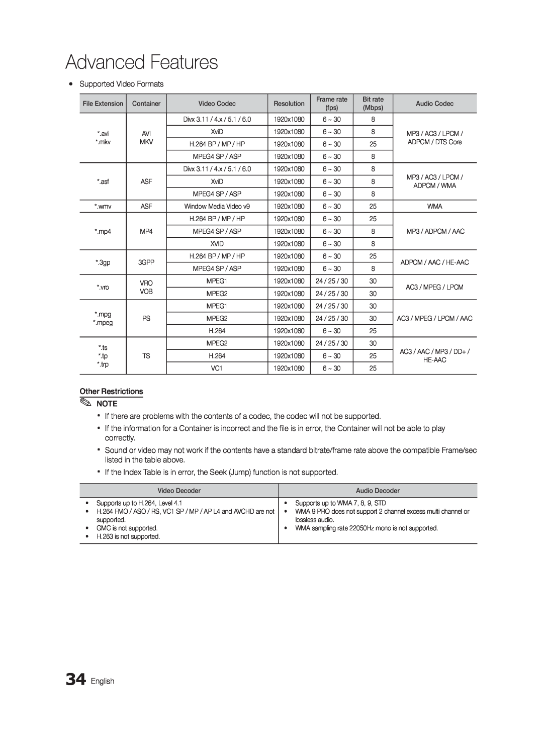 Samsung UE46C5800QKXXU, UE37C5700QSXZG, UE32C5700QSXZG, UE40C5700QSXZG manual Advanced Features, yy Supported Video Formats 