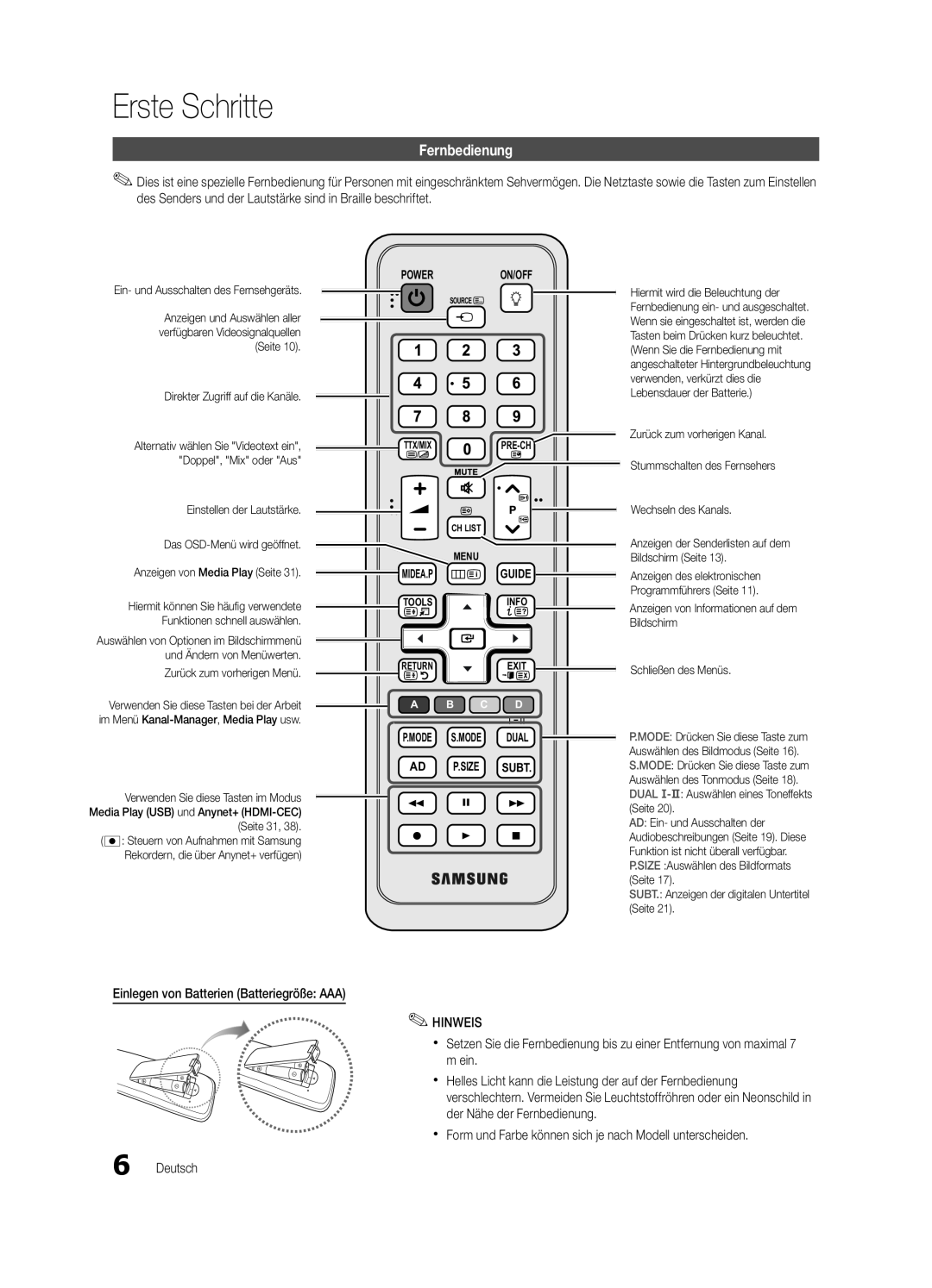 Samsung UE46C5700QSXZG manual Fernbedienung, Erste Schritte, Power On/Off, P.Mode S.Mode Dual Ad P.Size Subt, Midea.P Guide 