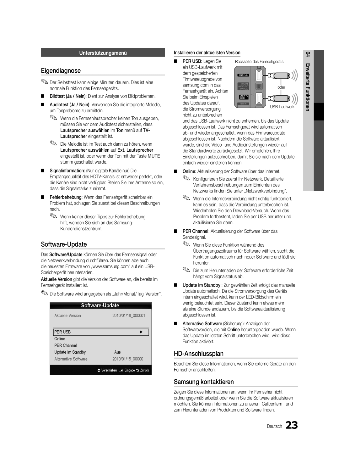 Samsung UE37C5700QSXZG manual Eigendiagnose, Software-Update, HD-Anschlussplan, Samsung kontaktieren, Unterstützungsmenü 
