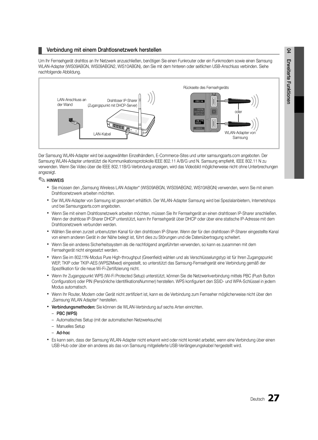 Samsung UE46C5800QKXXU manual Verbindung mit einem Drahtlosnetzwerk herstellen, LAN-Anschluss an, WLAN-Adapter von, Samsung 