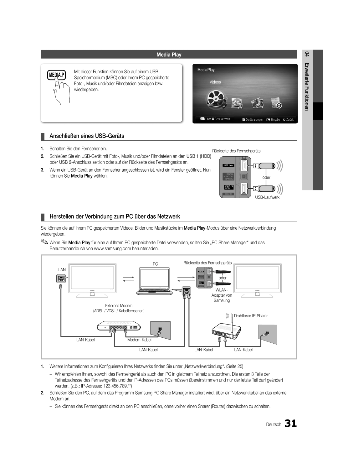 Samsung UE46C5700QSXZG manual Anschließen eines USB-Geräts, Herstellen der Verbindung zum PC über das Netzwerk, Media.P 