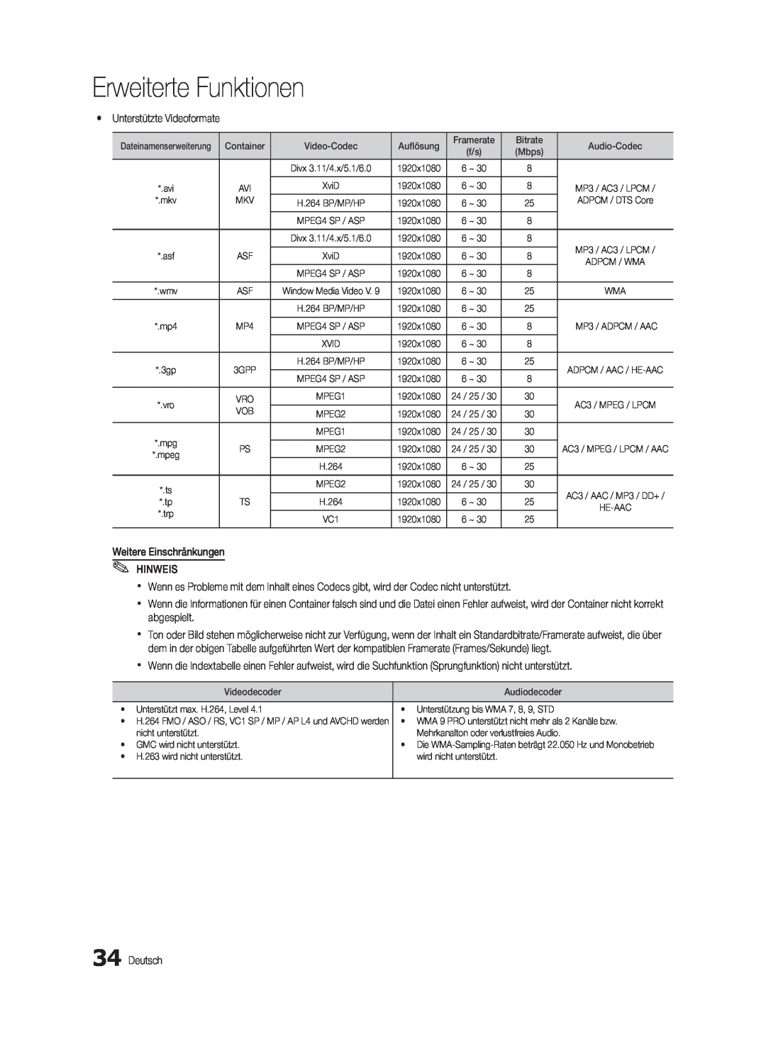 Samsung UE32C5700QSXZG manual Erweiterte Funktionen, yy Unterstützte Videoformate, Weitere Einschränkungen HINWEIS, Deutsch 