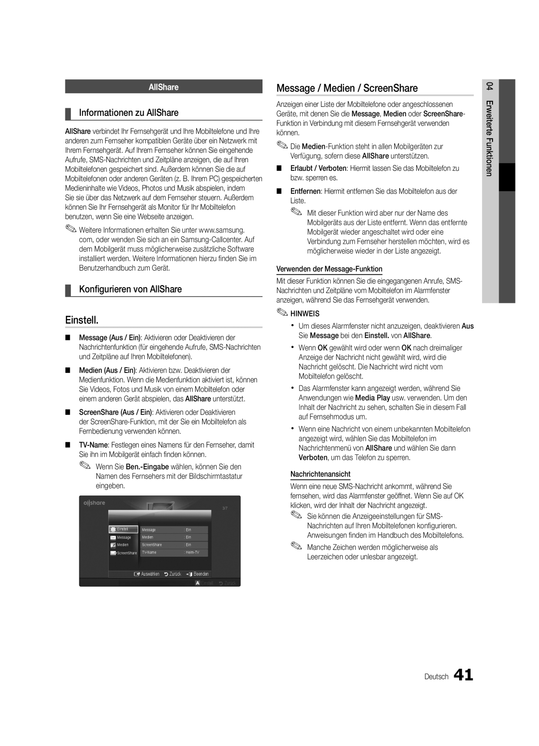 Samsung UE46C5700QSXZG Message / Medien / ScreenShare, Informationen zu AllShare, Konfigurieren von AllShare, Einstell 