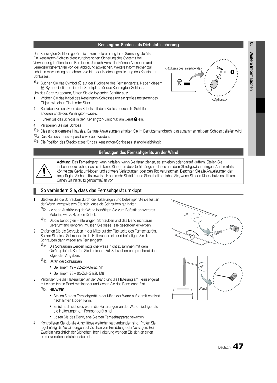 Samsung UE46C5800QKXXU manual So verhindern Sie, dass das Fernsehgerät umkippt, Kensington-Schloss als Diebstahlsicherung 
