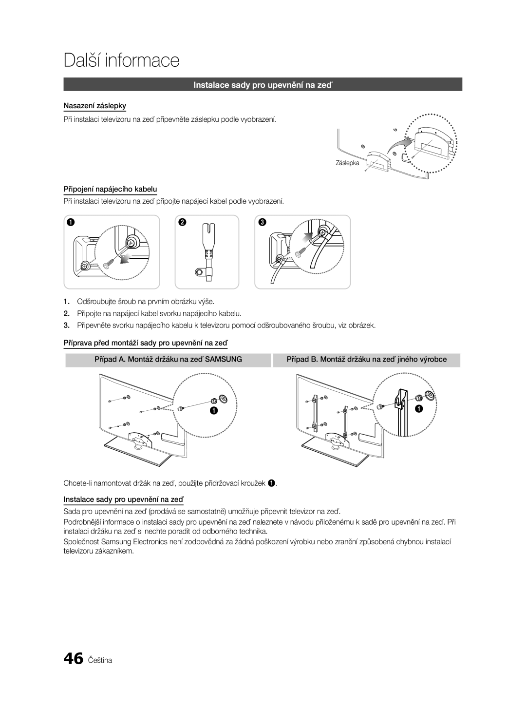 Samsung UE55C6000RWXXN, UE37C6000RWXXN, UE40C6000RWXXC, UE55C6000RWXZF manual Instalace sady pro upevnění na zeď, Záslepka 