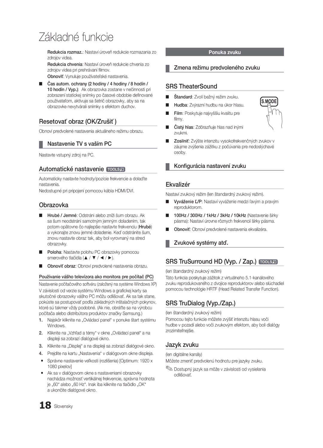 Samsung UE37C6000RWXXN manual Resetovať obraz OK/Zrušiť, Automatické nastavenie t, SRS TruSurround HD Vyp. / Zap. t 