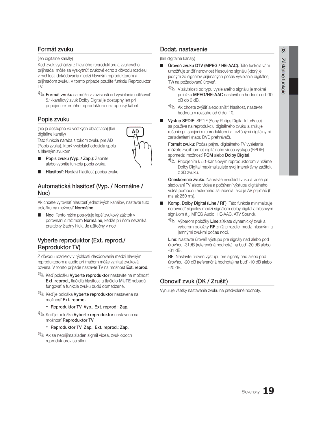 Samsung UE55C6000RWXXN manual Formát zvuku, Popis zvuku, Automatická hlasitosť Vyp. / Normálne / Noc, Dodat. nastavenie 