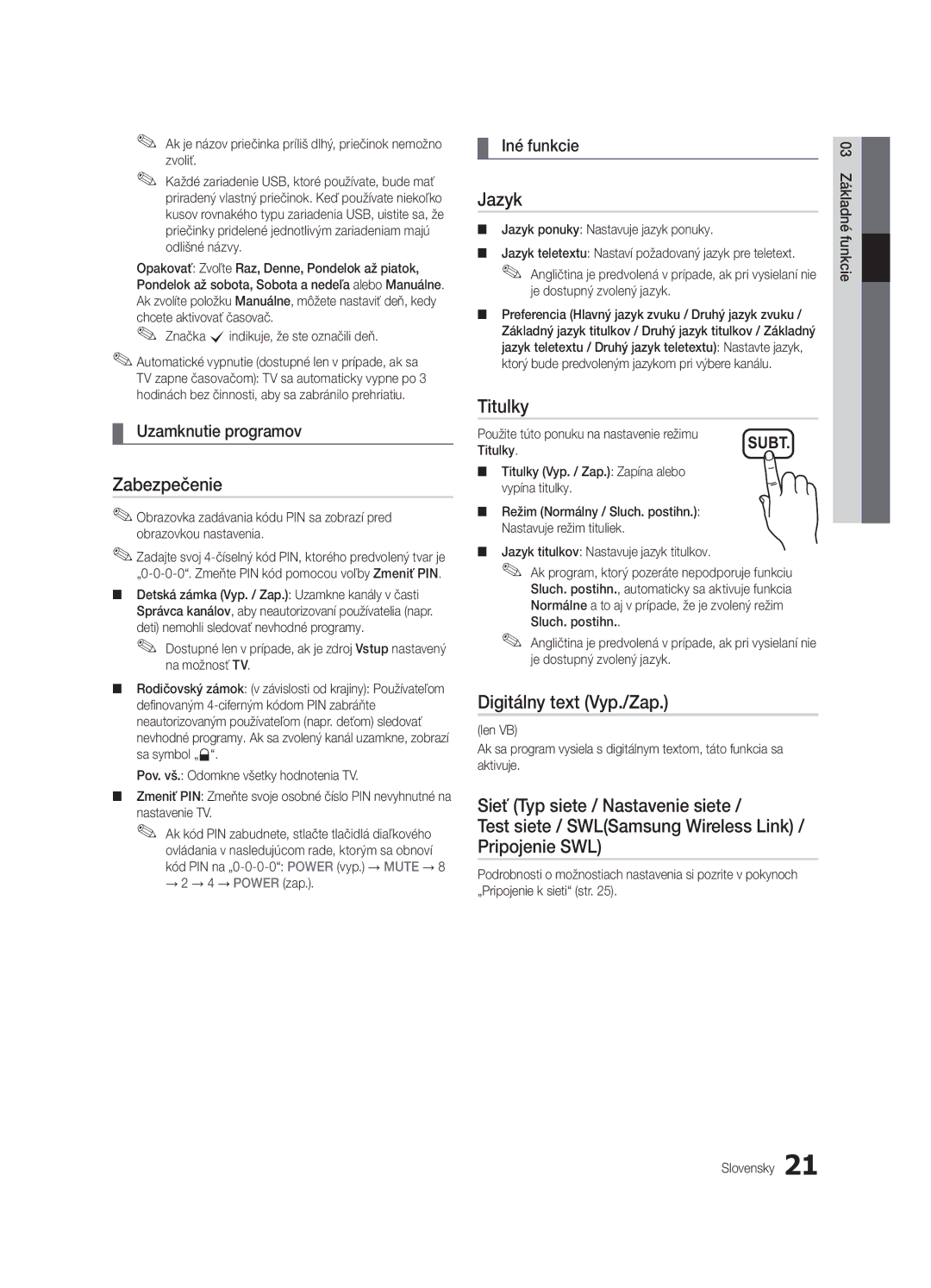 Samsung UE55C6000RWXZF, UE37C6000RWXXN, UE55C6000RWXXN manual Zabezpečenie, Digitálny text Vyp./Zap, Uzamknutie programov 