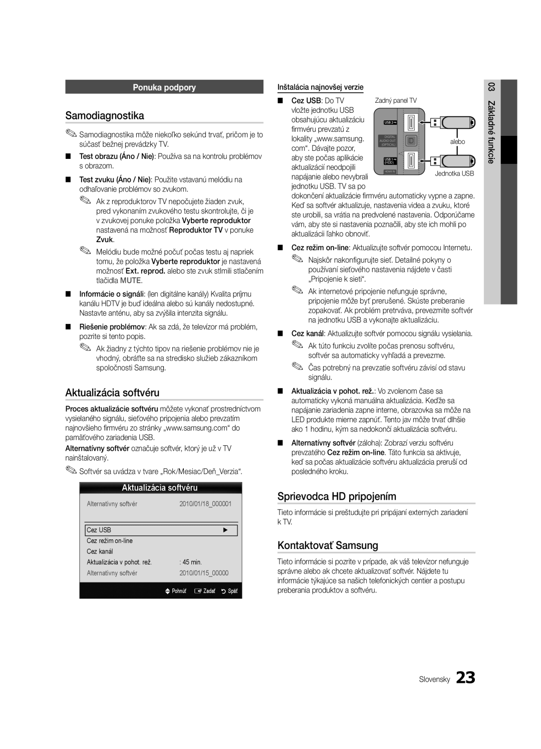 Samsung UE55C6000RWXXH manual Samodiagnostika, Aktualizácia softvéru, Sprievodca HD pripojením, Kontaktovať Samsung 