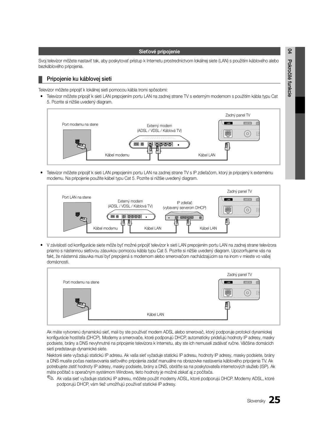 Samsung UE40C6000RWXXH, UE37C6000RWXXN, UE55C6000RWXXN, UE40C6000RWXXC manual Pripojenie ku káblovej sieti, Sieťové pripojenie 