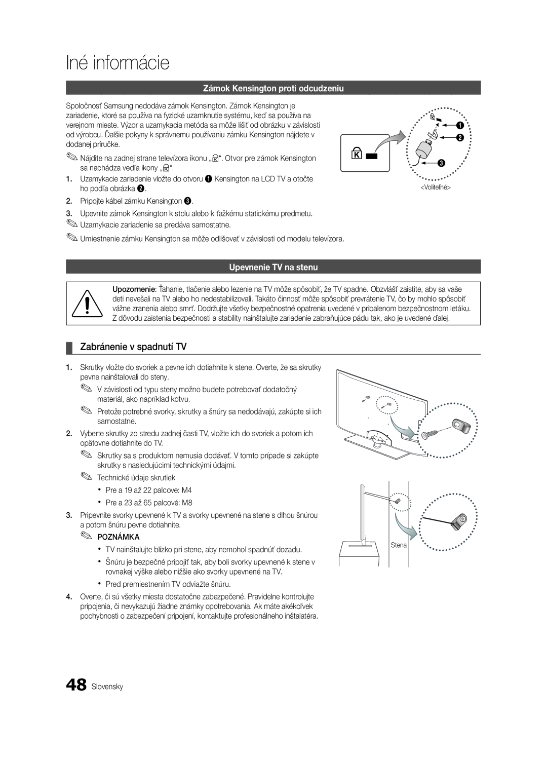 Samsung UE55C6000RWXZF manual Zabránenie v spadnutí TV, Zámok Kensington proti odcudzeniu, Upevnenie TV na stenu, Voliteľné 