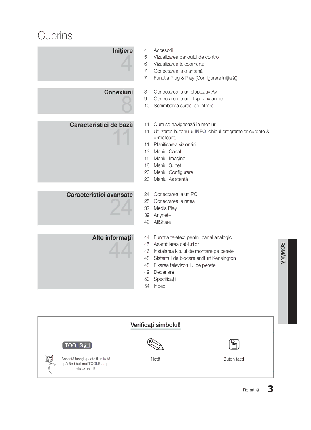 Samsung UE55C6000RWXZF, UE37C6000RWXXN, UE55C6000RWXXN, UE40C6000RWXXC manual Cuprins, Verificaţi simbolul, Notă, Buton tactil 