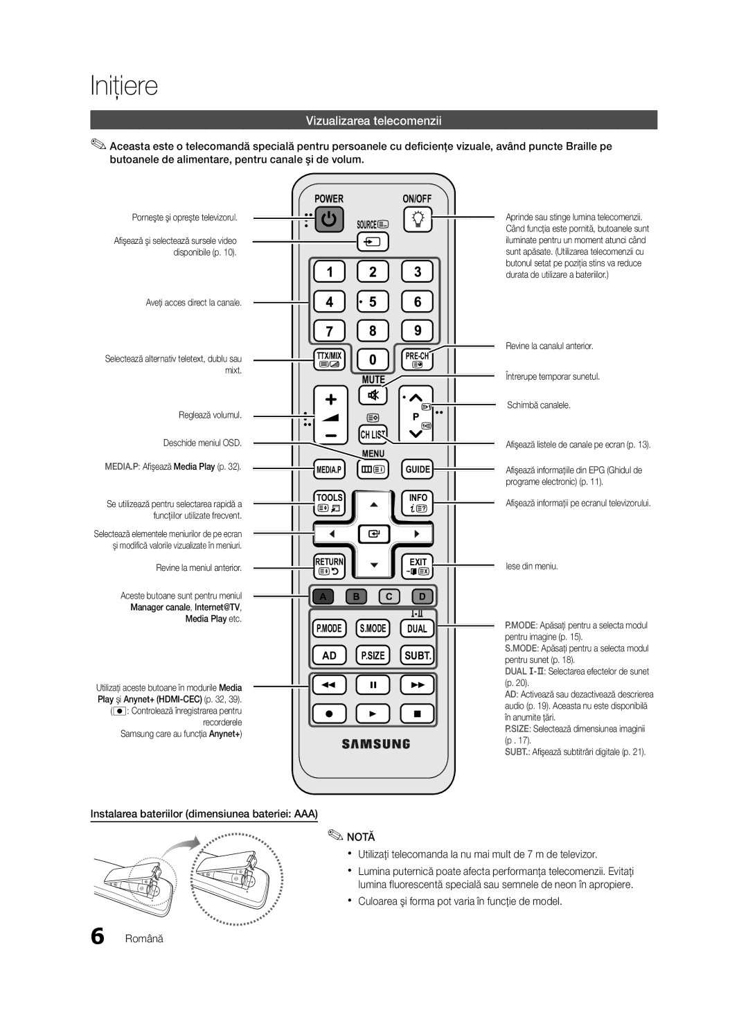 Samsung UE46C6000RWXXH, UE37C6000RWXXN manual Instalarea bateriilor dimensiunea bateriei AAA, Aveţi acces direct la canale 