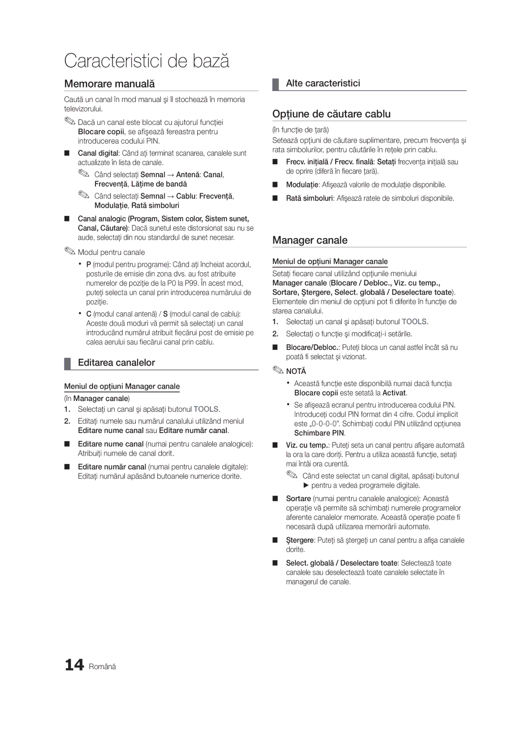 Samsung UE55C6000RWXXH, UE37C6000RWXXN Memorare manuală, Opţiune de căutare cablu, Editarea canalelor, Alte caracteristici 