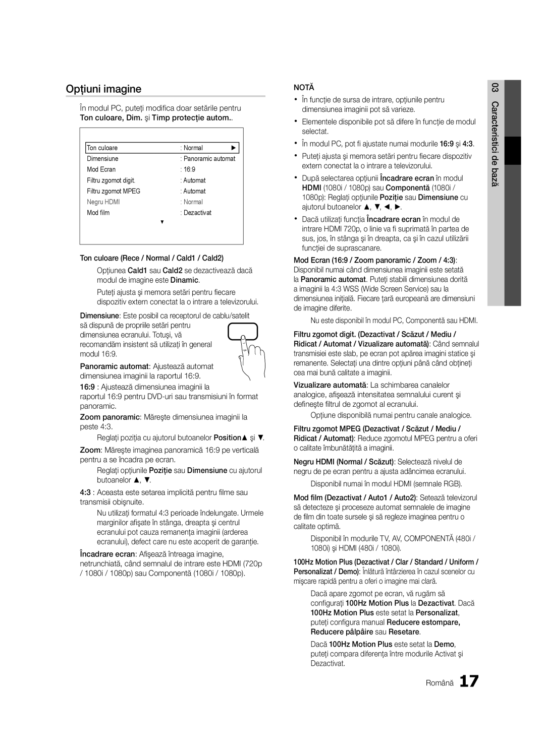 Samsung UE37C6000RWXXH, UE37C6000RWXXN, UE55C6000RWXXN manual Opţiuni imagine, Ton culoare Rece / Normal / Cald1 / Cald2 