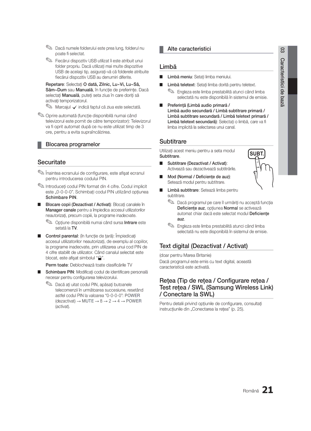 Samsung UE55C6000RWXZF manual Securitate, Limbă, Subtitrare, Text digital Dezactivat / Activat, Blocarea programelor 