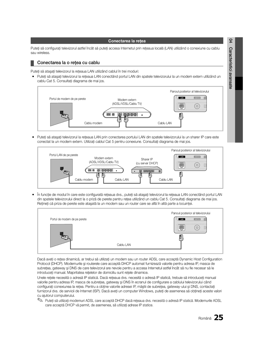 Samsung UE40C6000RWXXH, UE37C6000RWXXN Conectarea la o reţea cu cablu, Conectarea la reţea, Portul de modem de pe perete 