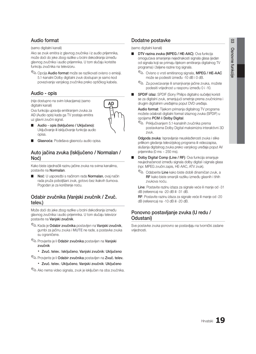 Samsung UE55C6000RWXXN manual Audio format, Audio opis, Auto jačina zvuka Isključeno / Normalan / Noć, Dodatne postavke 