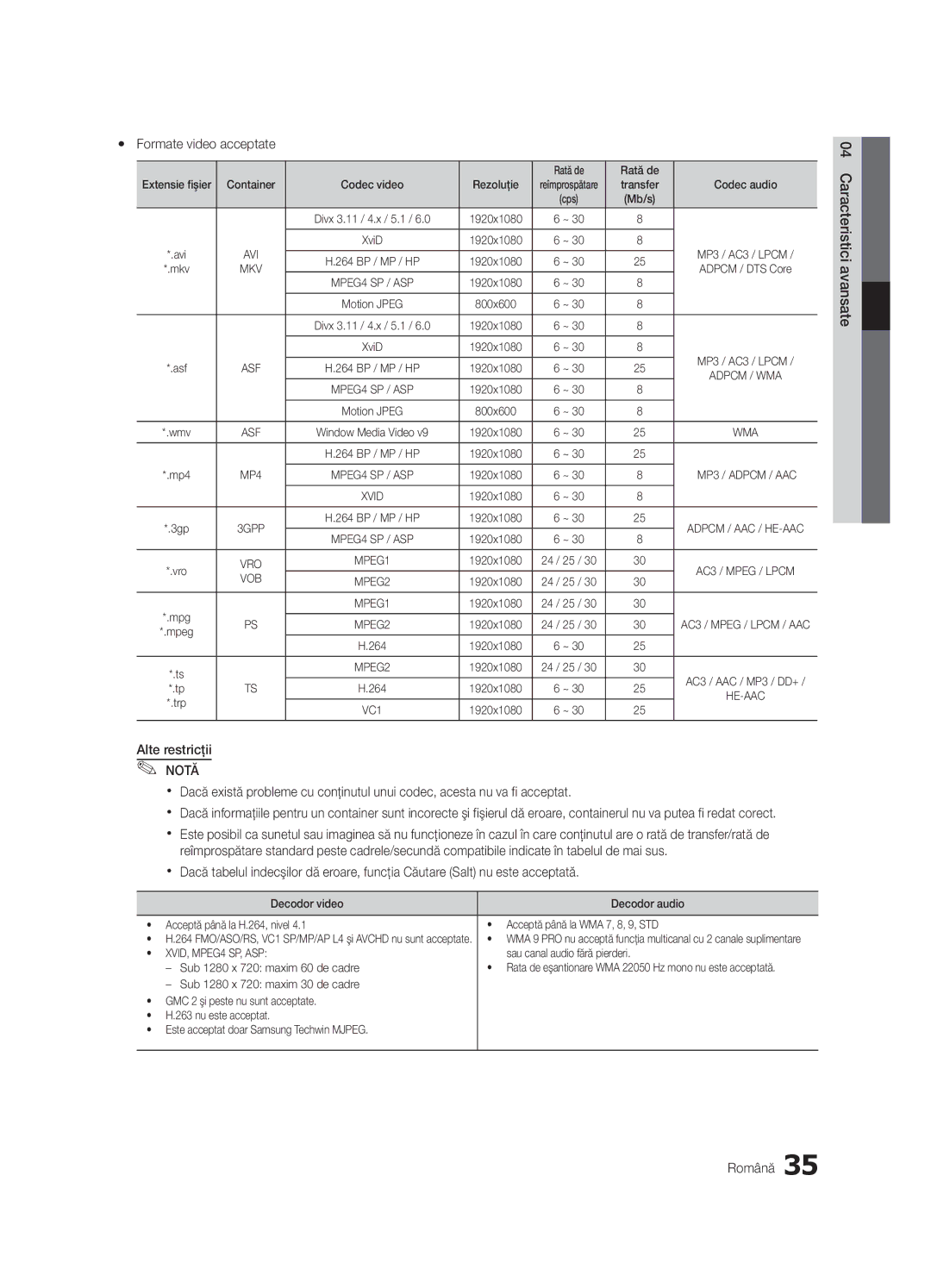 Samsung UE37C6000RWXXH, UE37C6000RWXXN, UE55C6000RWXXN manual Yy Formate video acceptate, Avansate04 Caracteristici Română 