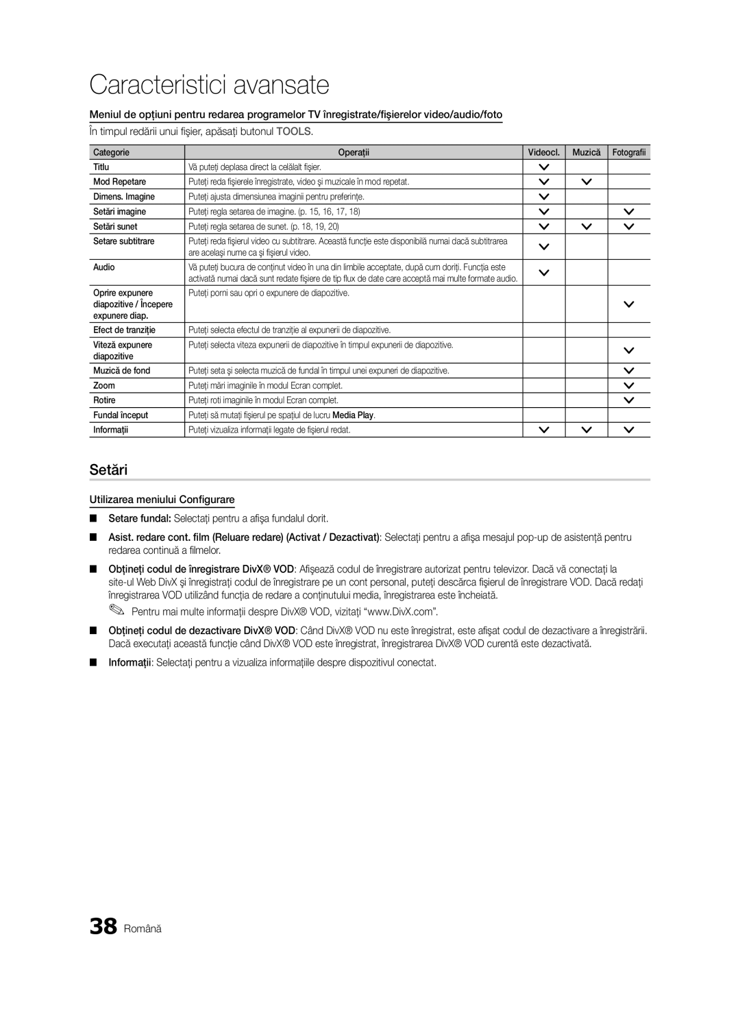 Samsung UE40C6000RWXXC, UE37C6000RWXXN manual Setări, Redarea continuă a filmelor, Categorie Operaţii Videocl Muzică 