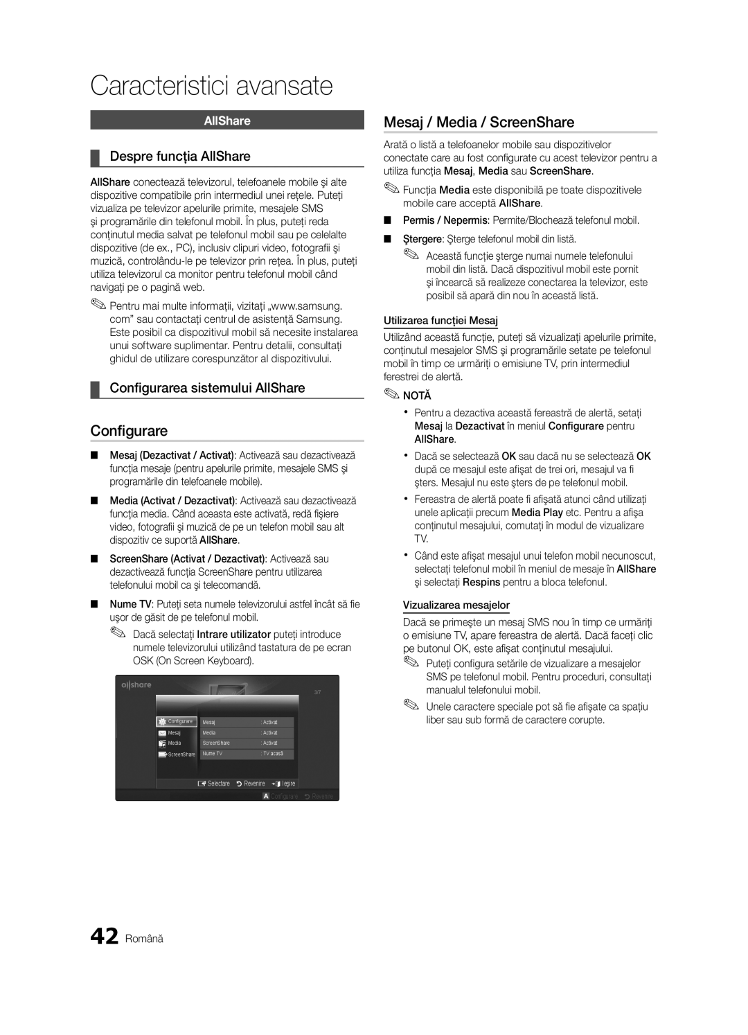 Samsung UE46C6000RWXXH manual Mesaj / Media / ScreenShare, Despre funcţia AllShare, Configurarea sistemului AllShare 