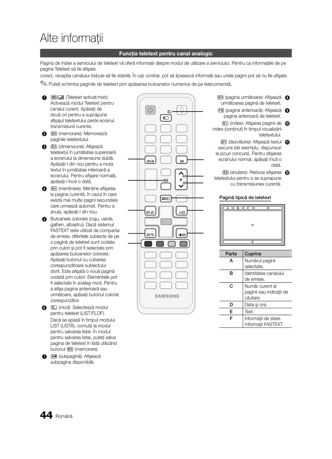 Samsung UE37C6000RWXXH, UE37C6000RWXXN, UE55C6000RWXXN manual Alte informaţii, Funcţia teletext pentru canal analogic 