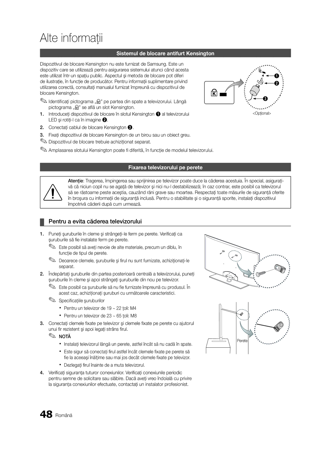 Samsung UE55C6000RWXZF Pentru a evita căderea televizorului, Sistemul de blocare antifurt Kensington, 48 Română, Opţional 