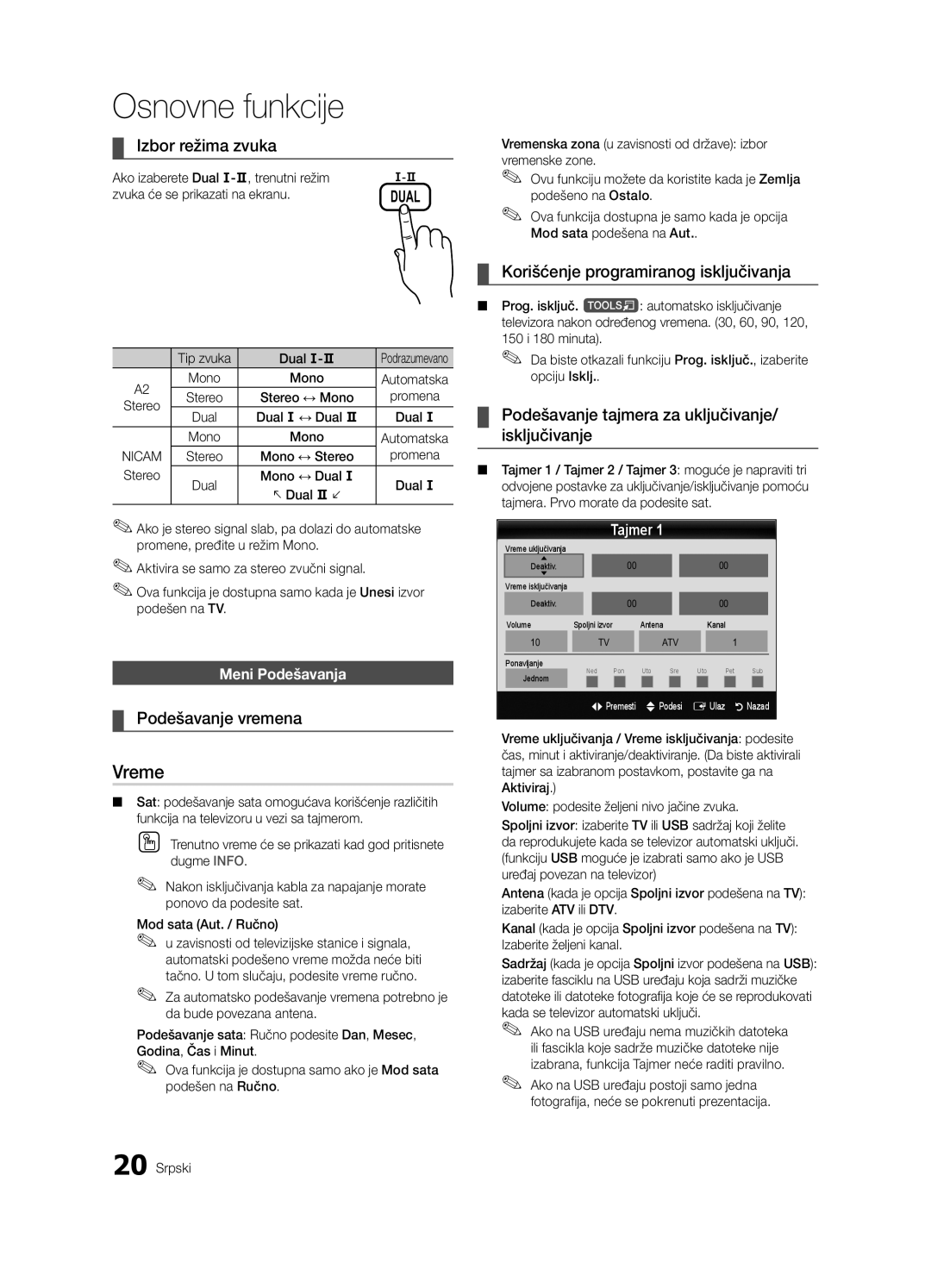 Samsung UE40C6000RWXXC manual Vreme, Izbor režima zvuka, Podešavanje vremena, Korišćenje programiranog isključivanja 