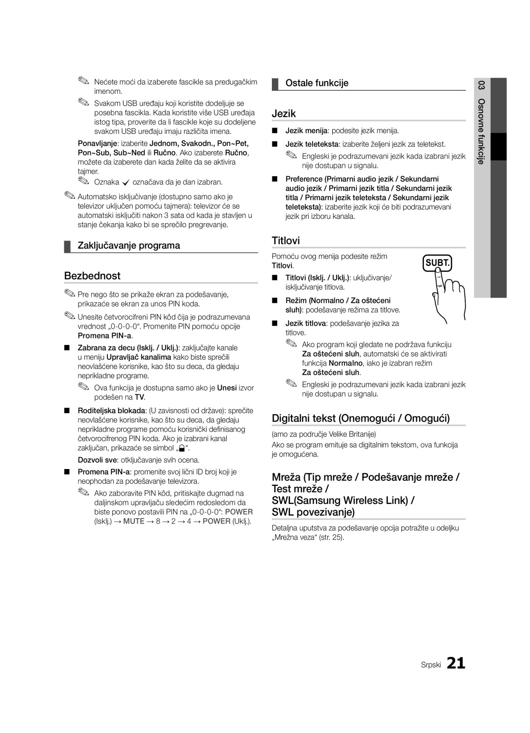 Samsung UE55C6000RWXZF, UE37C6000RWXXN, UE55C6000RWXXN manual Bezbednost, Titlovi, Digitalni tekst Onemogući / Omogući 