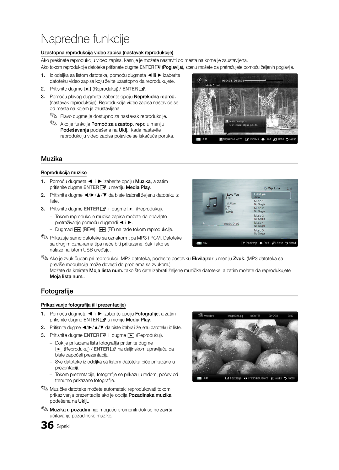 Samsung UE37C6000RWXXN, UE55C6000RWXXN Muzika, Pritisnite dugme Reprodukuj / Entere, Od mesta na kojem je zaustavljena 