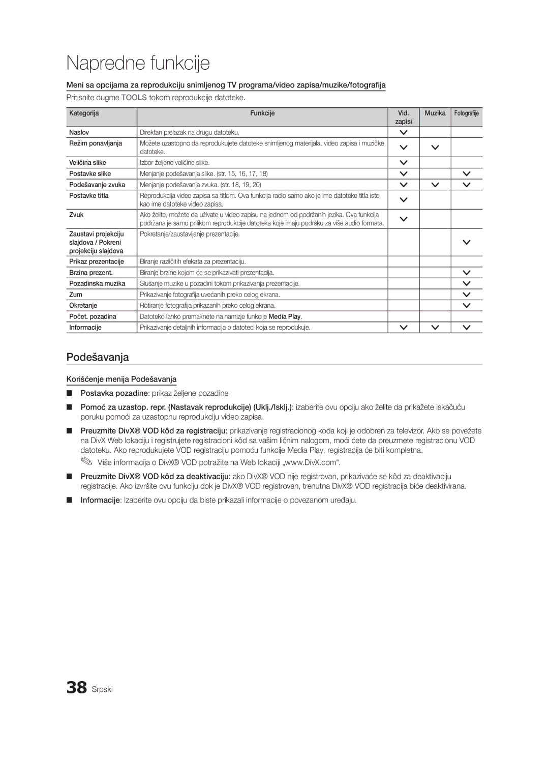 Samsung UE40C6000RWXXC, UE37C6000RWXXN, UE55C6000RWXXN, UE55C6000RWXZF manual Podešavanja, Kao ime datoteke video zapisa Zvuk 