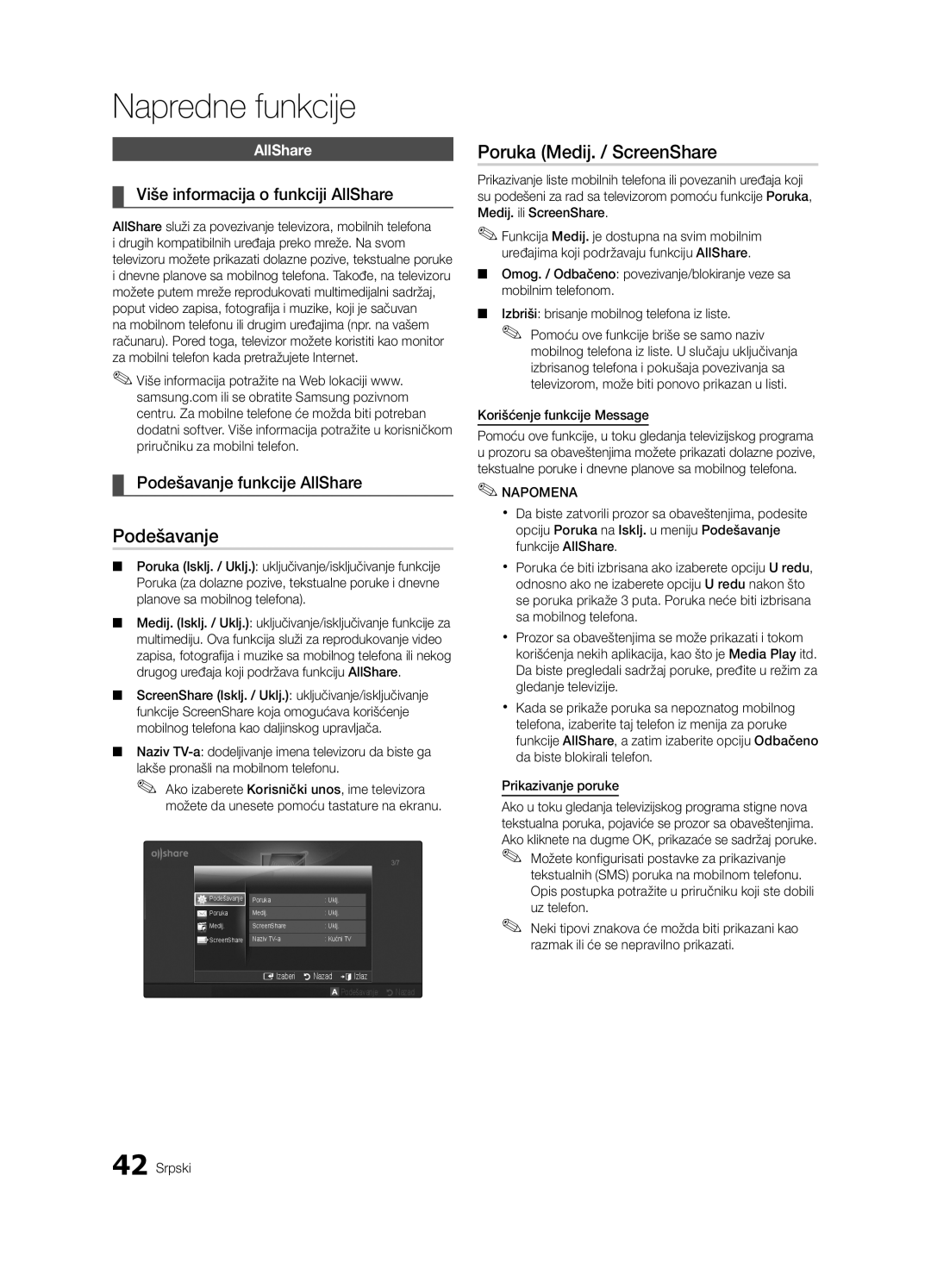 Samsung UE46C6000RWXXH, UE37C6000RWXXN manual Podešavanje, Poruka Medij. / ScreenShare, Više informacija o funkciji AllShare 