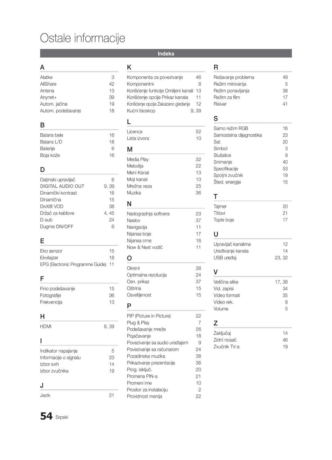 Samsung UE37C6000RWXXN, UE55C6000RWXXN, UE40C6000RWXXC manual Indeks, Režim ponavljanja Anynet+, Režim za film Autom. jačina 