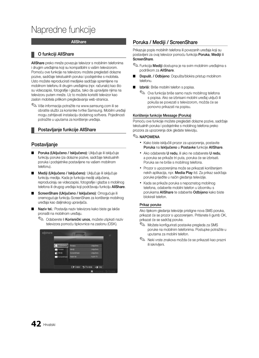 Samsung UE46C6000RWXXH manual Poruka / Mediji / ScreenShare, Funkciji AllShare, Postavljanje funkcije AllShare 