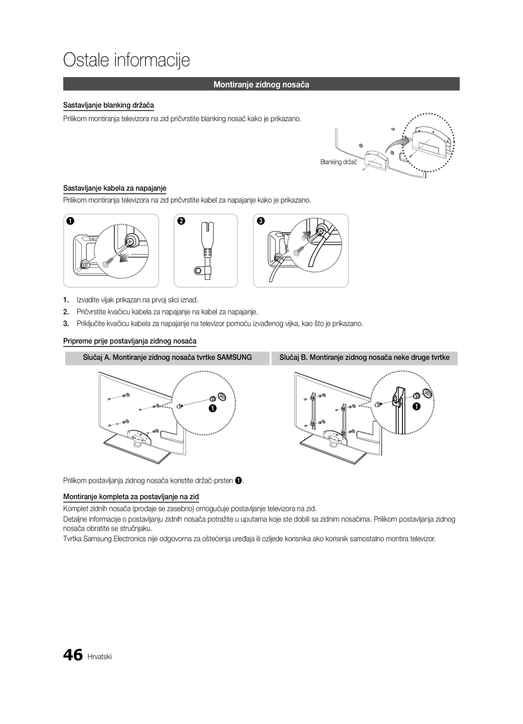 Samsung UE55C6000RWXXN, UE37C6000RWXXN, UE40C6000RWXXC, UE55C6000RWXZF manual Montiranje zidnog nosača, Blanking držač 