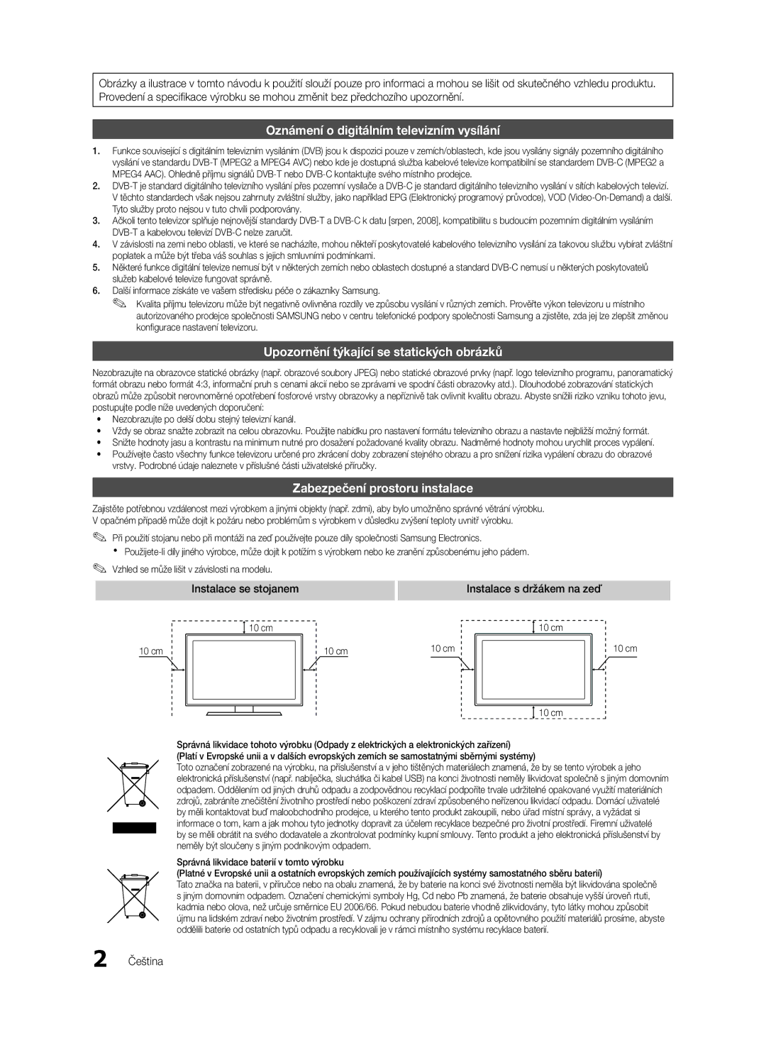 Samsung UE40C6000RWXXC, UE37C6000RWXXN, UE55C6000RWXXN manual Instalace se stojanem Instalace s držákem na zeď, Čeština 