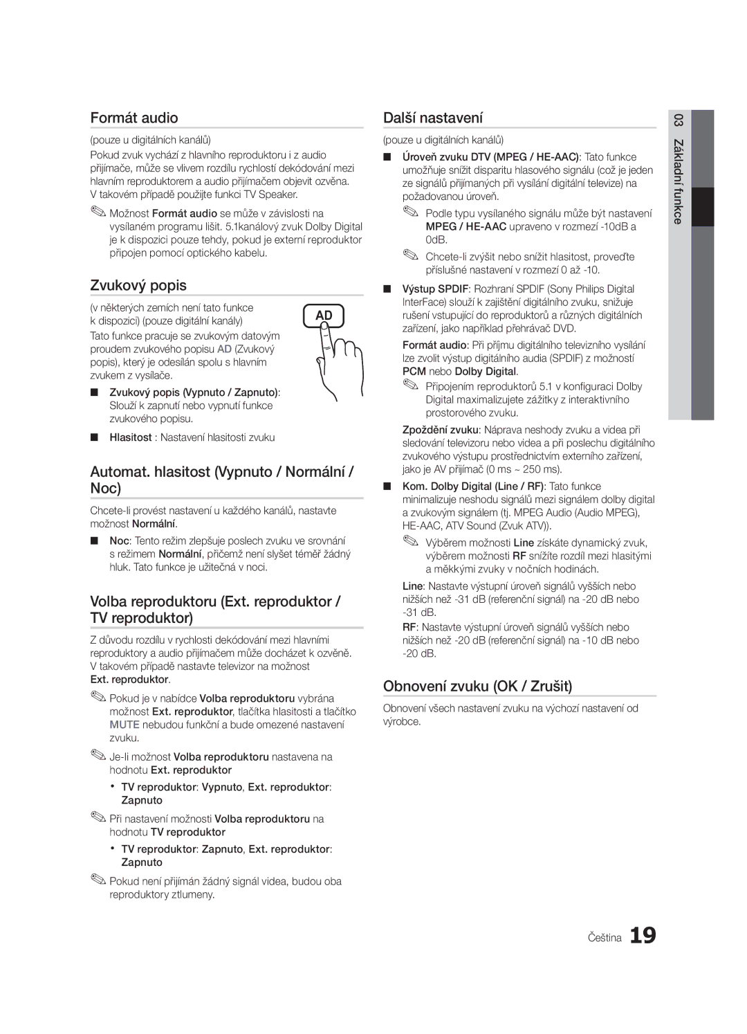 Samsung UE55C6000RWXXN manual Formát audio, Zvukový popis, Automat. hlasitost Vypnuto / Normální / Noc, Další nastavení 