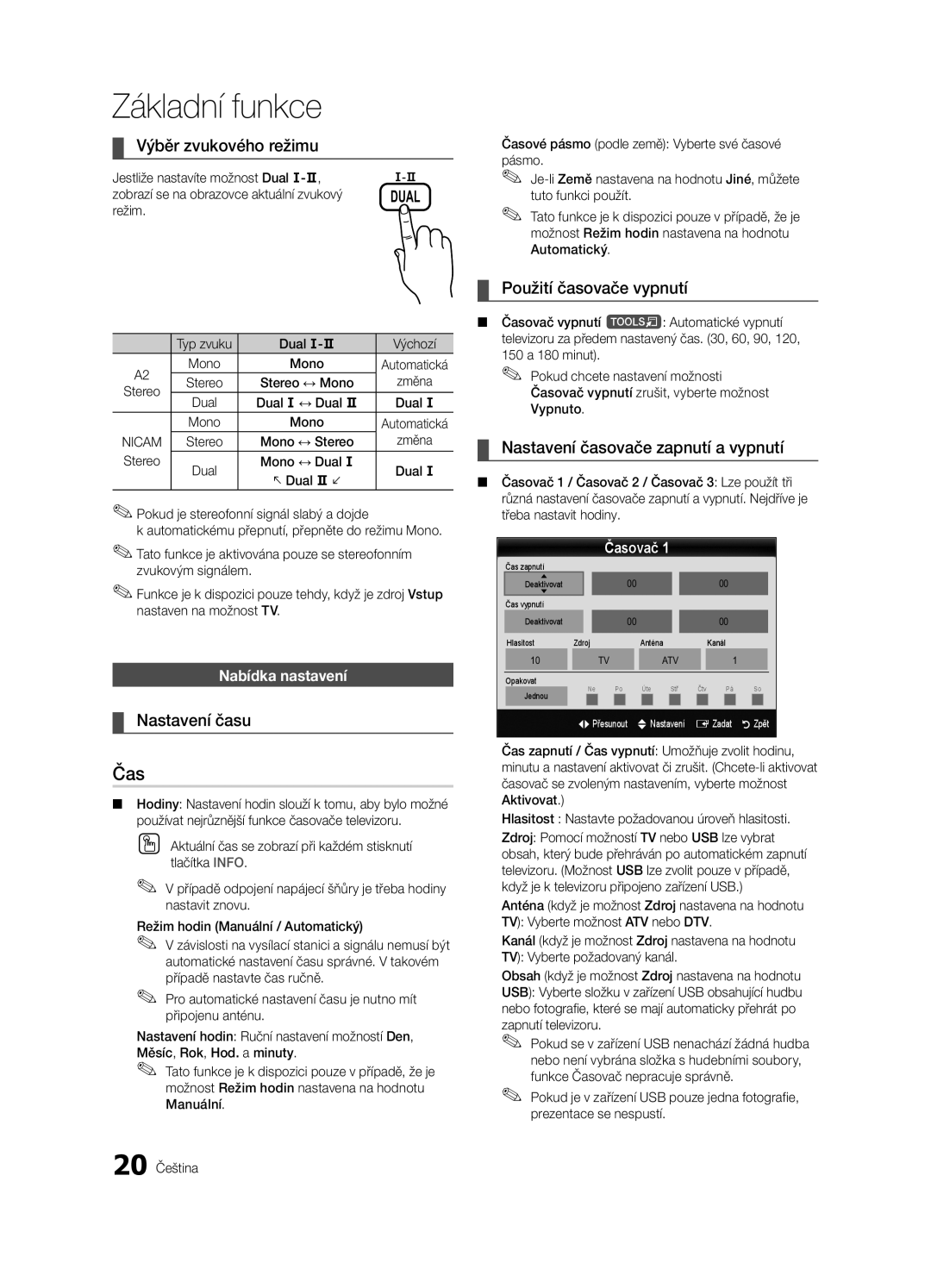 Samsung UE40C6000RWXXC, UE37C6000RWXXN manual Čas, Výběr zvukového režimu, Nastavení času, Použití časovače vypnutí 